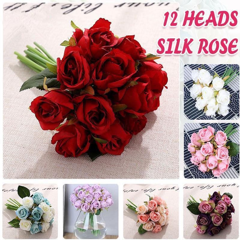 12 Heads Silk Rose Artificial Flowers - White