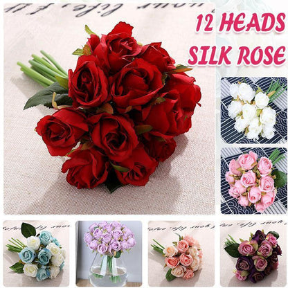 12 Heads Silk Rose Artificial Flowers - White