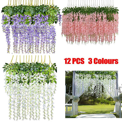 12X Artificial Flower Garland Vine Wisteria Leaf - White