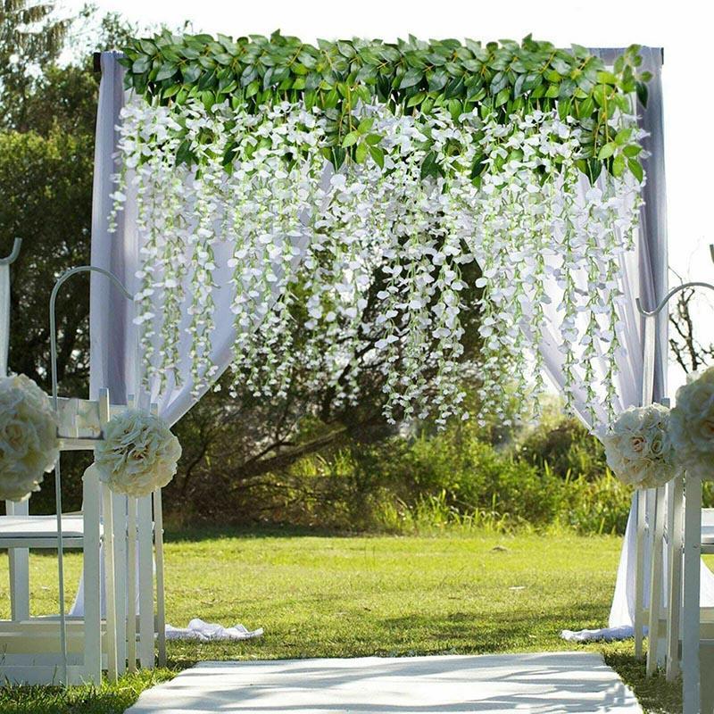 12X Artificial Flower Garland Vine Wisteria Leaf - White